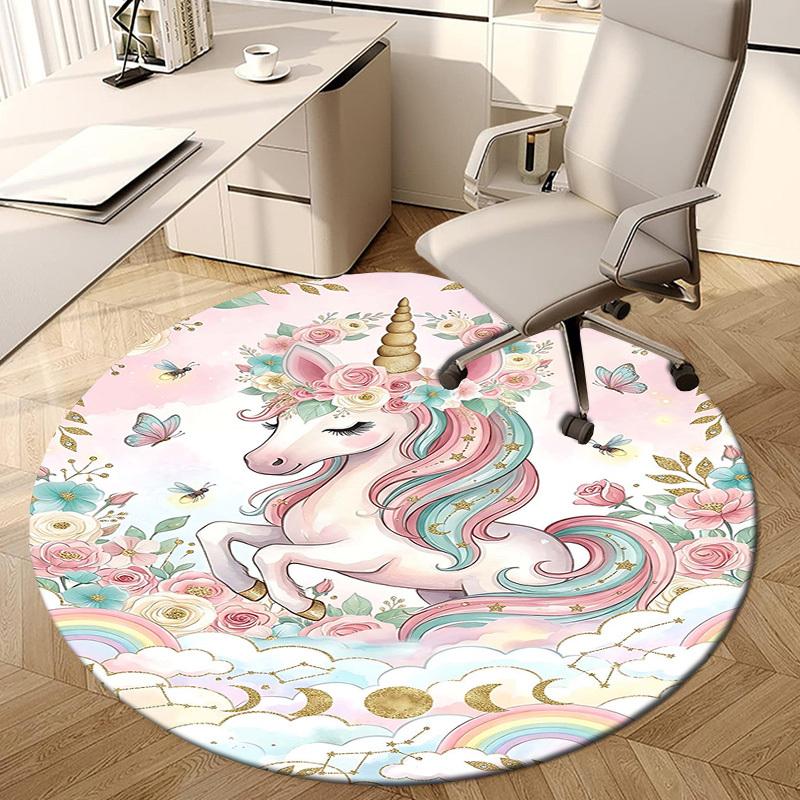 1PC Unicorn Flowers Non-Slip Floor Round carpet, Office, family, bedroom, Large Area Rug Indoor Rugs, Durable Polyester-L0381