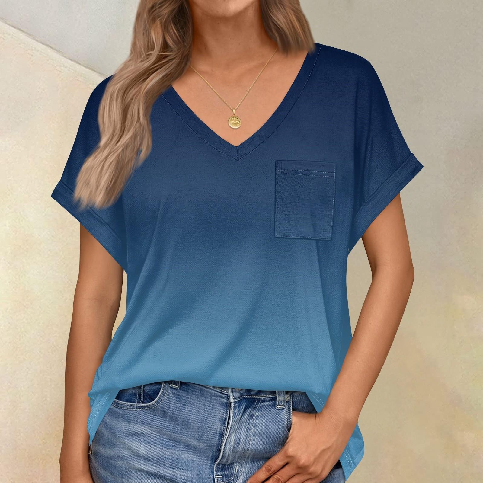 

Женские топы с коротким рукавом, рубашки с v-образным вырезом и нагрудными карманами, свободные повседневные базовые футболки, летняя одежда M