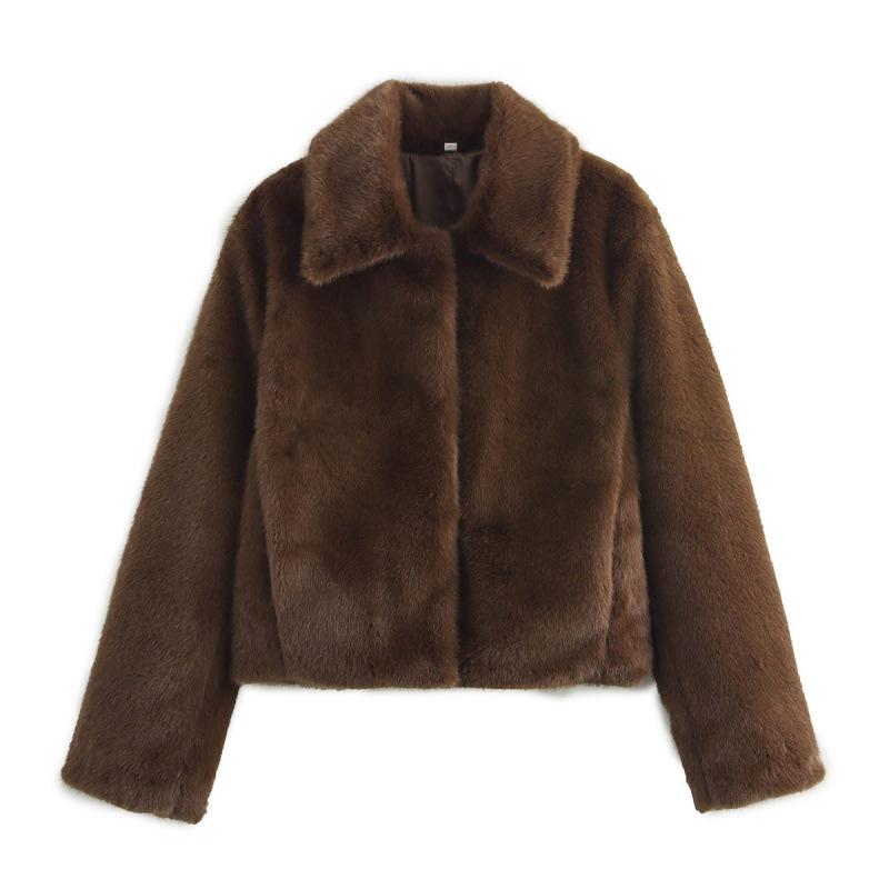 European and American Women s Fashion Casual Plush Brown Jacket Large темно-коричневого
