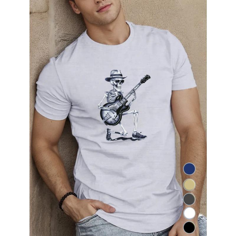 

European sizes Skeleton playing electric guitar Men S Short Sleeve T-shirt Summer T-shirt Top 4XL білий