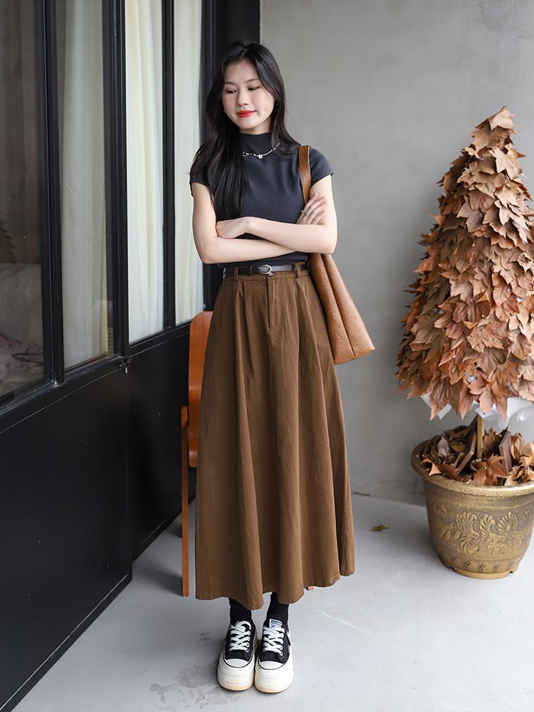 Versatile Washed Cotton Midi Skirt - High Waist, Solid Color, Double Pockets, Slimming A-line for Women, Early Autumn.