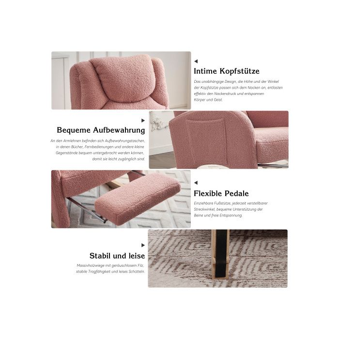 Fauteuil à bascule - MUVOE - Teddy - Tissu Teddy rose - Repose-pieds pliable - Capacité 110 kg