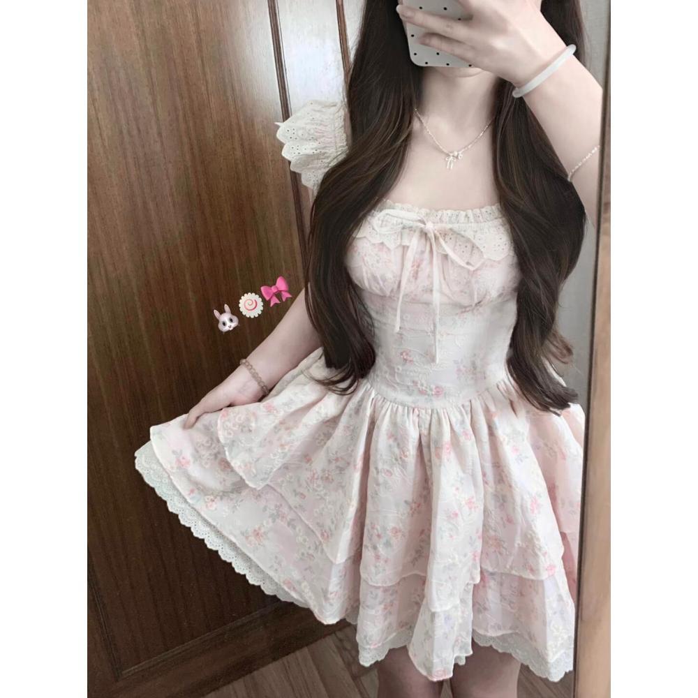 Summer French Gentle Wind Sweet and Unique Beautiful Floral Suspender Dress Waist Puffy Skirt Super Beautiful French