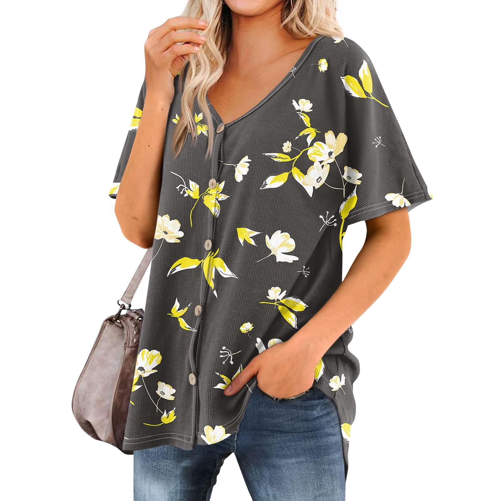 

Женская футболка Футболка с принтом Женские рубашки V-образный вырез с короткими рукавами Туника на пуговицах Топы Блузка XXXL чёрный