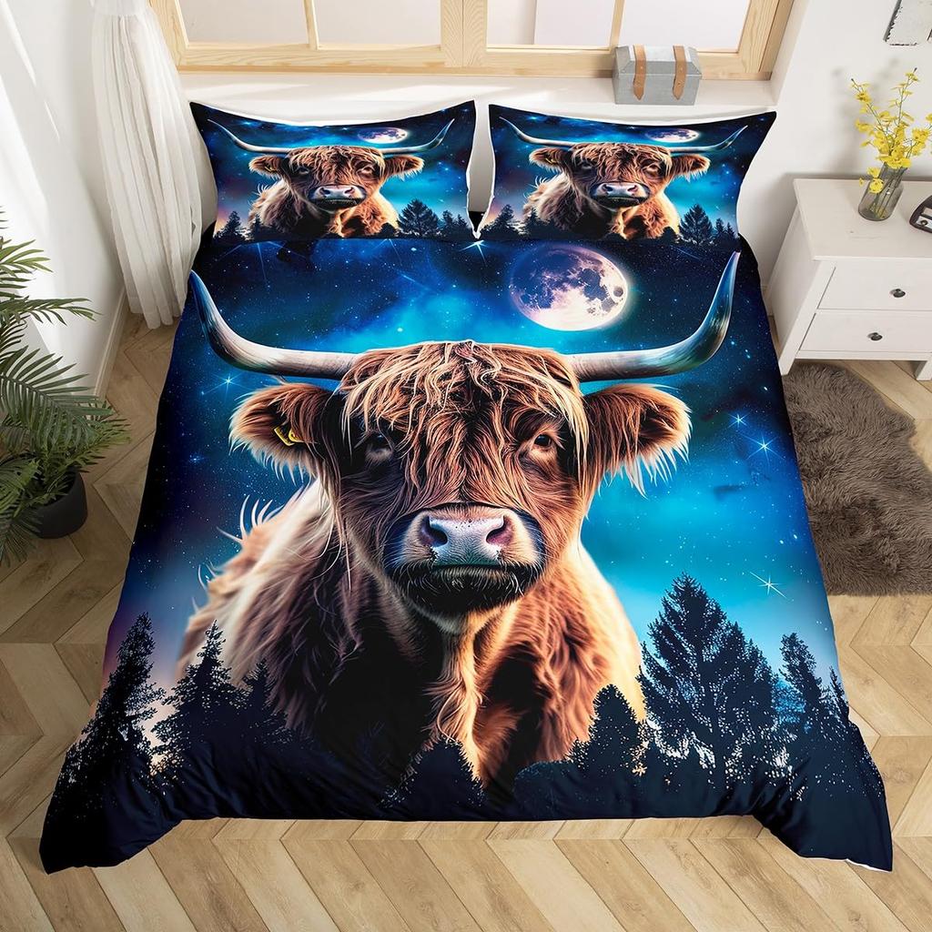 Påslakan King Highland Cow Mikrofiber Western Bondgård Djur Sängklädesset Leopard Ko Hud Päls Blommigt Tryck Täcke Överdrag