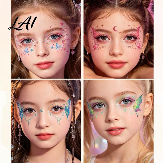Eye Tail Stickers 5 Sheets Glitter Butterfly Stickers Temporary Face Tattoos for Kids Party Kids Cartoon Decals Festival Makeup Decor Easy Makeup