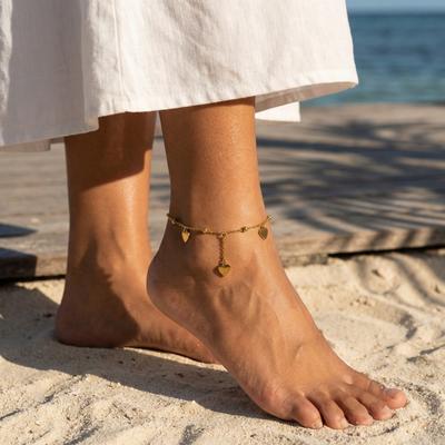 Heart Anklet, Stainless Steel Beaded Adjustable Foot Bracelet for Women, Waterproof Summer Beach Jewelry