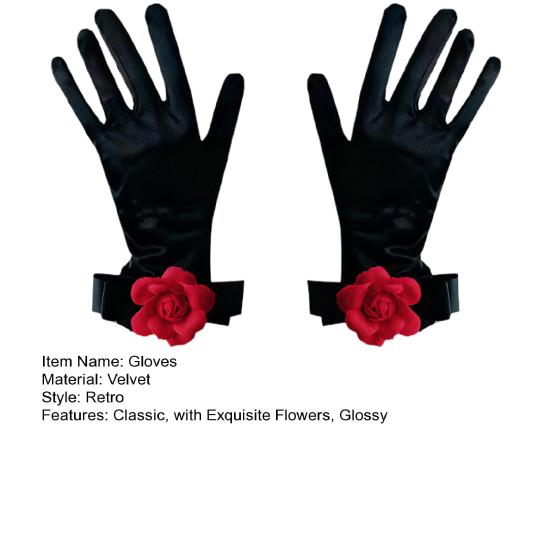 Damen Samthandschuhe Retro Schwarze Handschuhe mit Handgelenksblumen Glänzender Vintage-Stil Brauthandschuhe für Hochzeiten Bankette Dinnerparty Cocktailparty