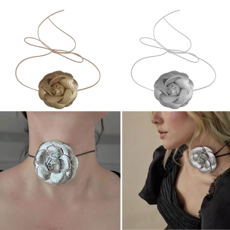 Vintage Flüssigmetall Blume Choker Halskette Langer Spitzenkragen Choker Temperament Halsband Schmuck Schlüsselbeinkette Halskette