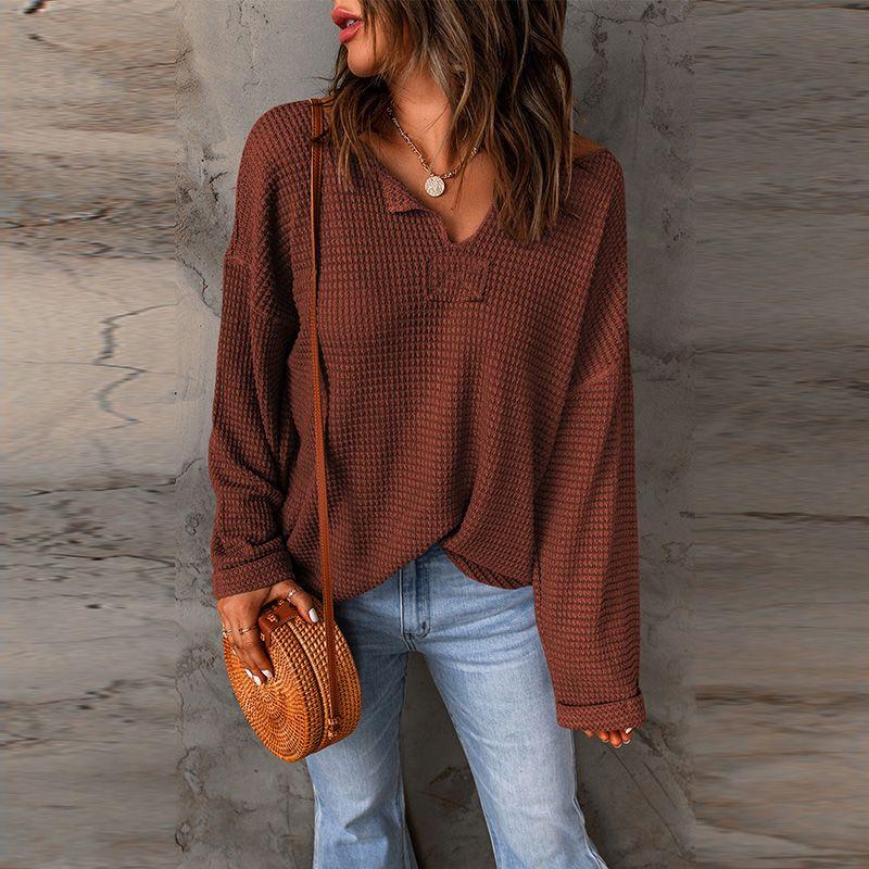 2024 Autumn Solid Color Waffle Knitting Long Sleeves T-shirt Female Fashion Drop-Shoulder Sleeve V-neck Casual Loose Pullover Female