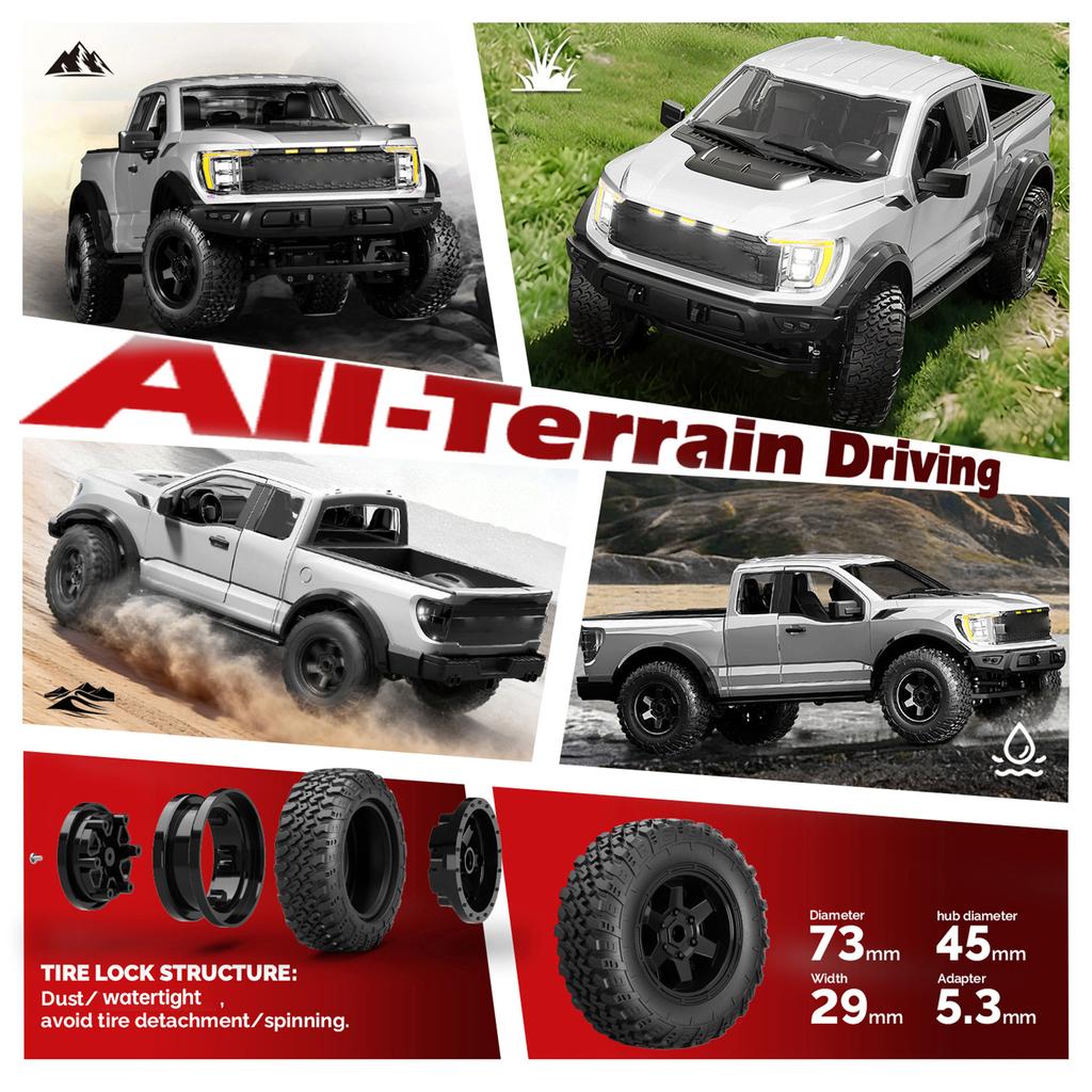 1:12 Scale RC Pickup Truck, 2.4GHz 4WD All Terrain Off Road Remote Control Car with LED Lights, Cruise Control, Opening