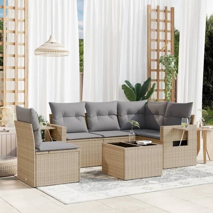 VidaXL Salon de Jardin avec Coussins 6 pcs, Canapés de Terrasse, Ensemble de Meubles de Patio, Mobilier d'Extérieur, Beige 3252516