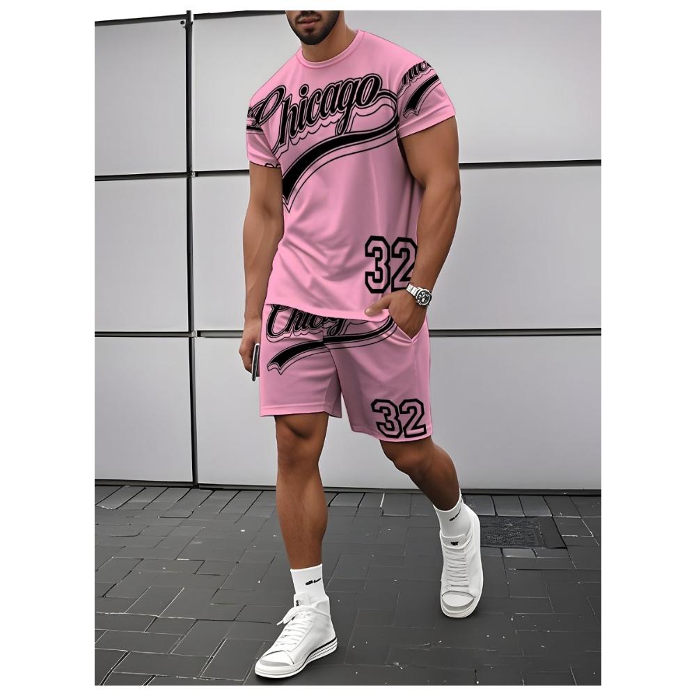 Pink sports suit men s short sleeved T-shirt paired with shorts 2XS