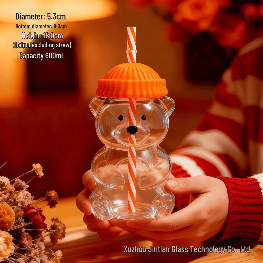 Hitzebeständiger Cartoon-Bären-Glasbecher mit Strohhalm - Süßes Borosilikatglas für Frauen