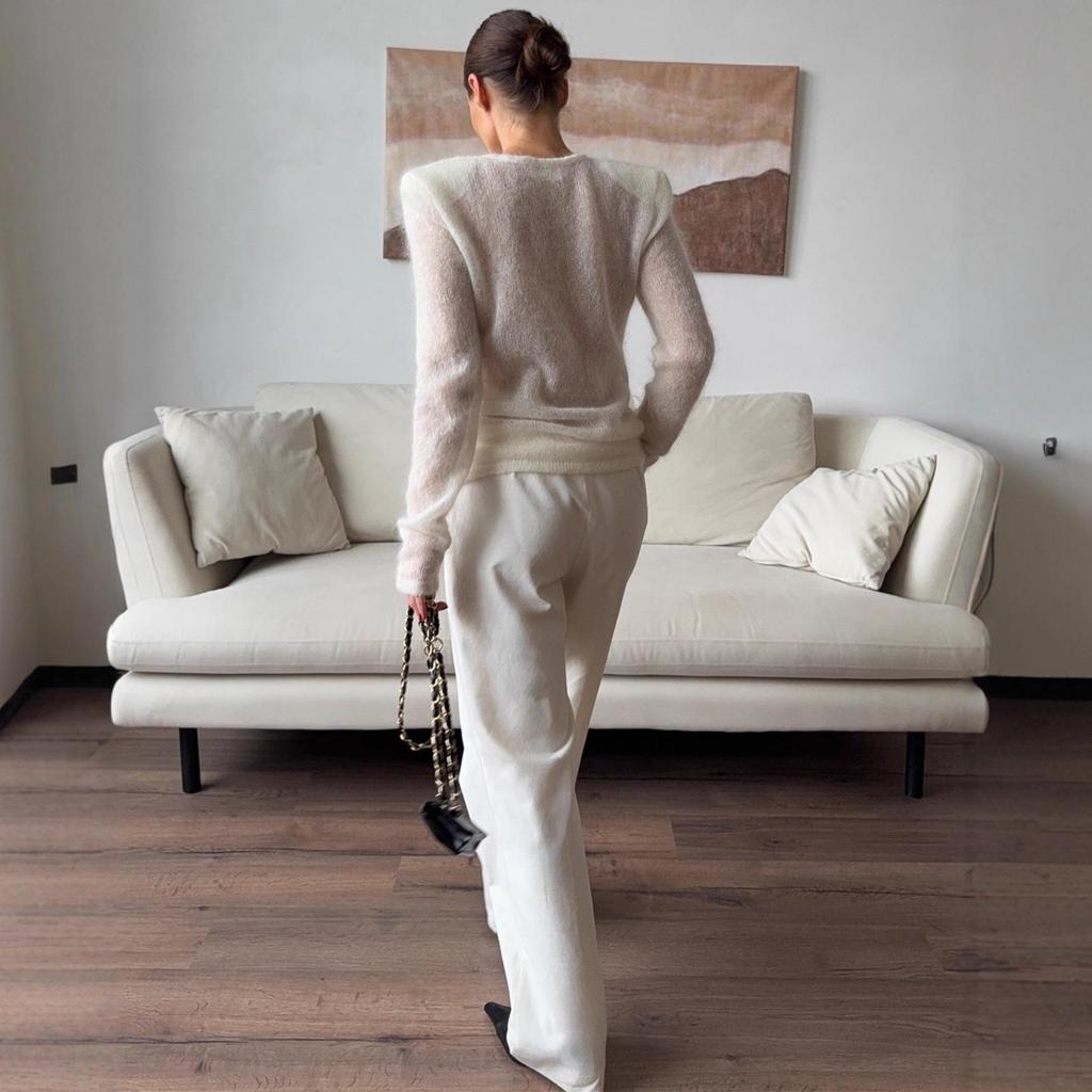 2025 Autumn/Winter Women's Sheer Solid Color Knit Sweater with Padded Shoulders and Round Neck
