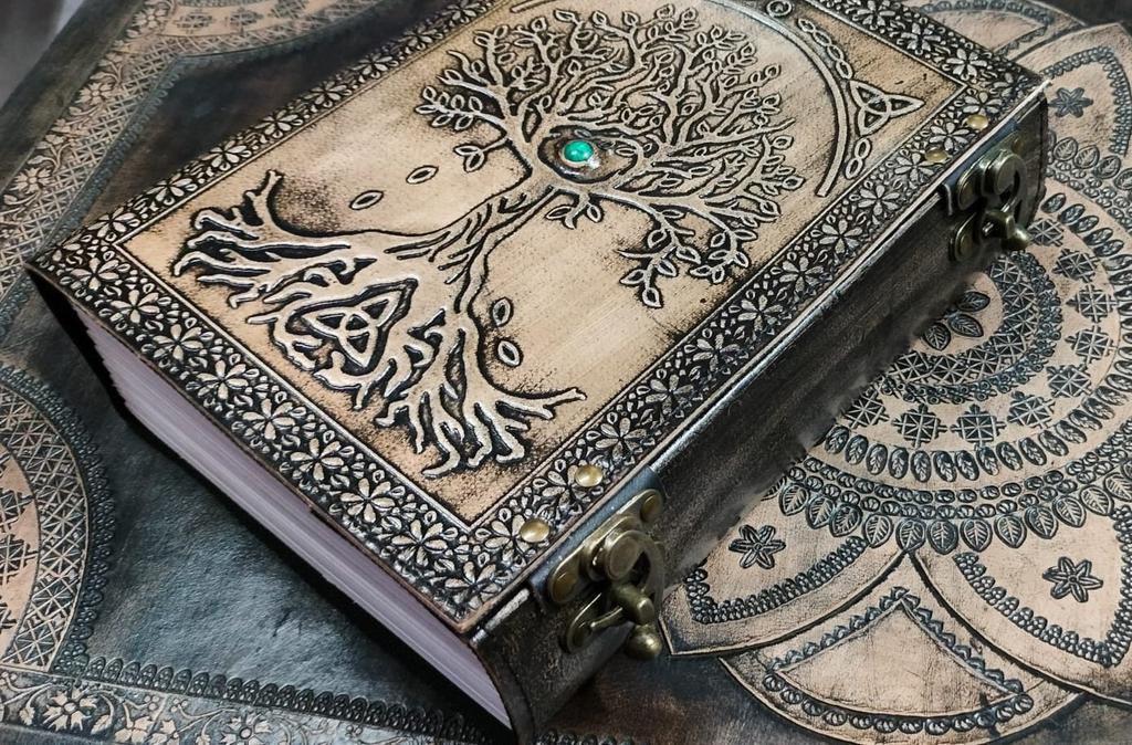 Embossed Tree of Life Leather Journal: Handmade Grimoire with Turquoise Stone