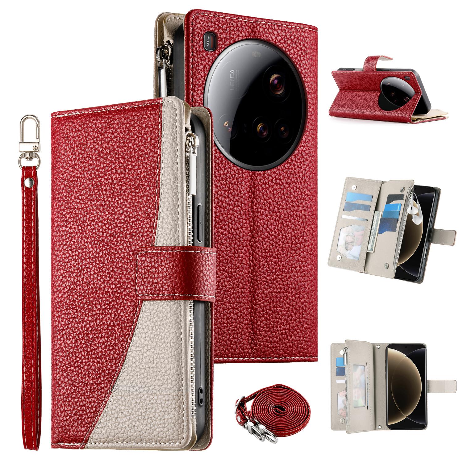 

Для Xiaomi 15 Ultra Чехол Кошелек на молнии Кожаный откидной чехол для телефона с ремешками Red