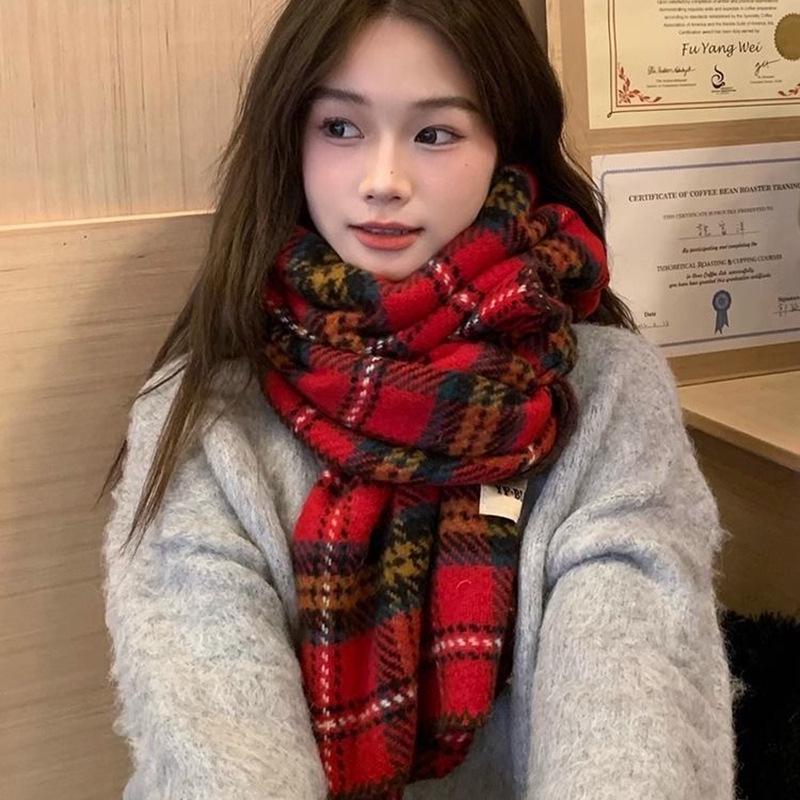 Women's Red Plaid Edge Scarf - Cozy Winter Shawl, Imitation Cashmere, Korean Style Neck Warmer
