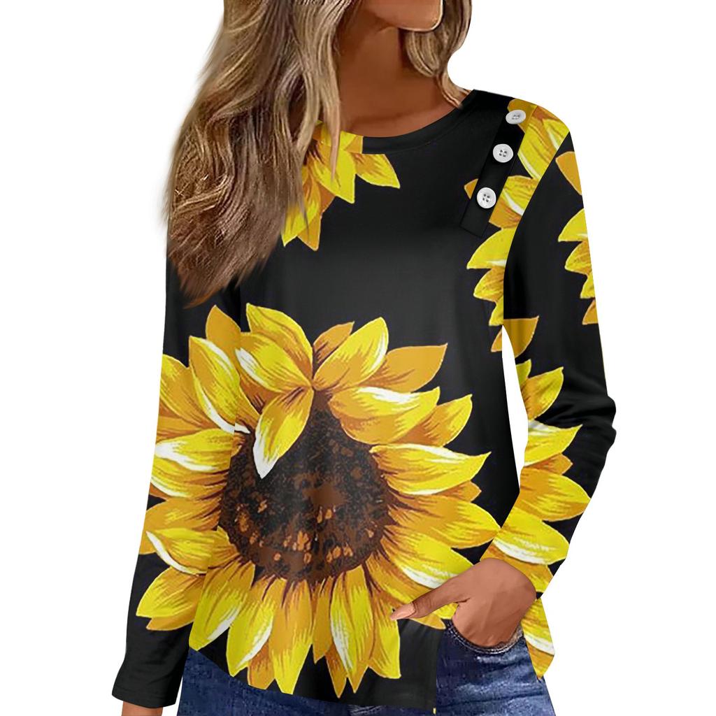 Button Detail Curvy Hem T-shirt, Long  Sleeve Round Neck Flower Printing Casual Top, Women's Clothing