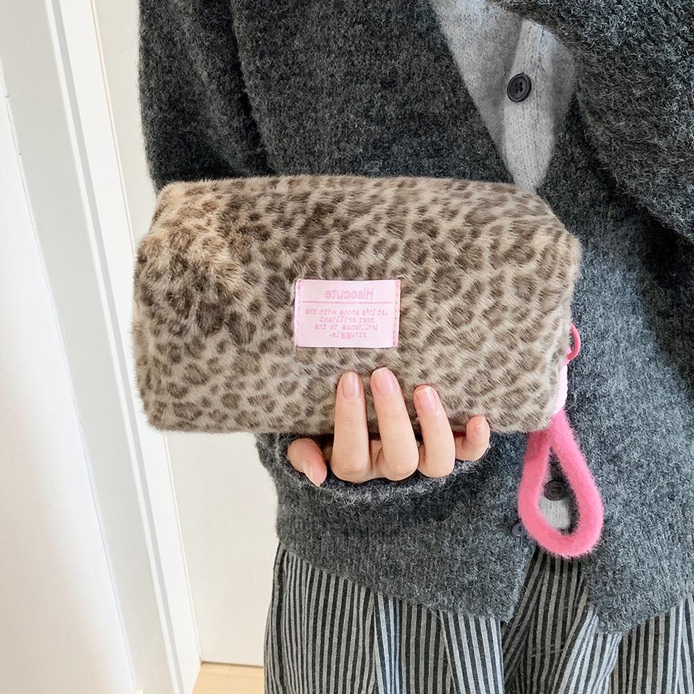 Leopard Print Plush Makeup Bags with Handle Portable Travel Cosmetic Storage Bag Toilet Bag Cute Pencil Case Fashion Handbag