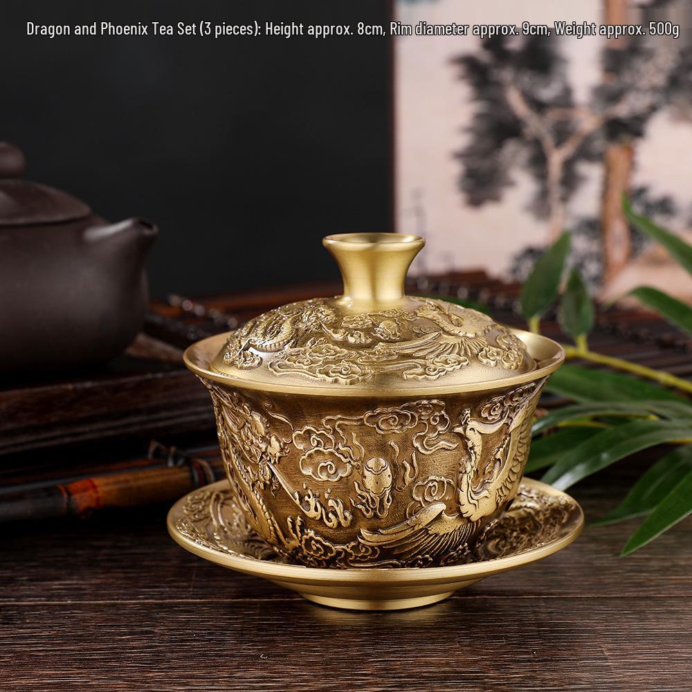 Luxury Dragon Phoenix Embossed Pure Copper Gaiwan Tea Bowl Set