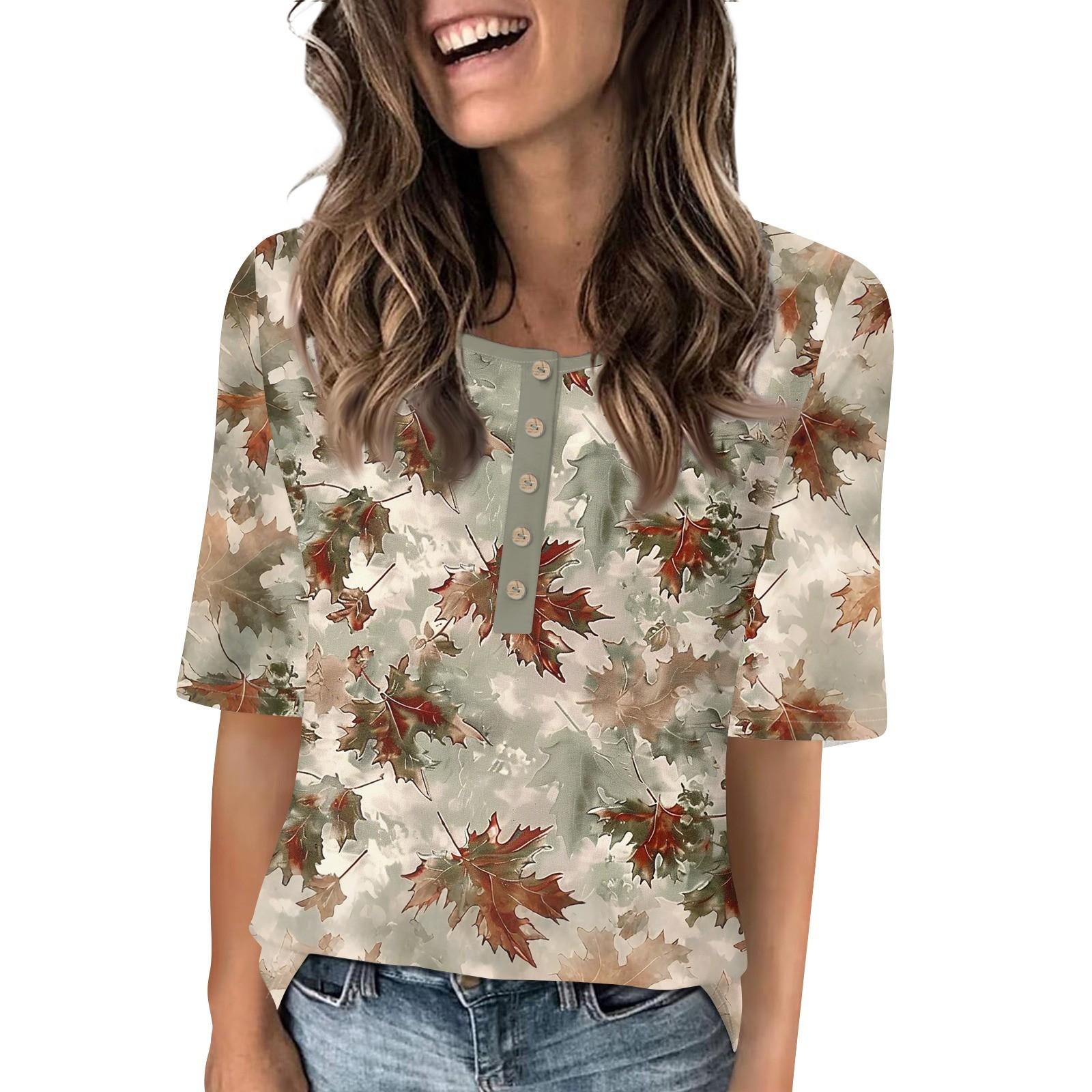 

Shirts For Women Trendy Round Neck Button T Shirts Printed Blouse Half Sleeve Tops For Women S
