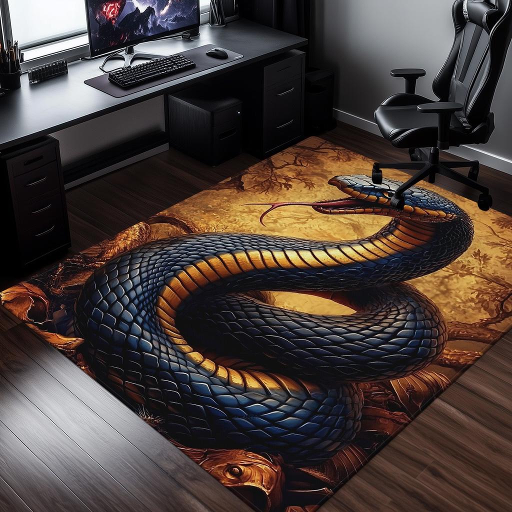 Blue King Cobra Snake Pattern Crystal Velvet Rug Gamer Room Decor Wild Animal Theme Floor Mat Anti Slip Soft Carpet for Desk