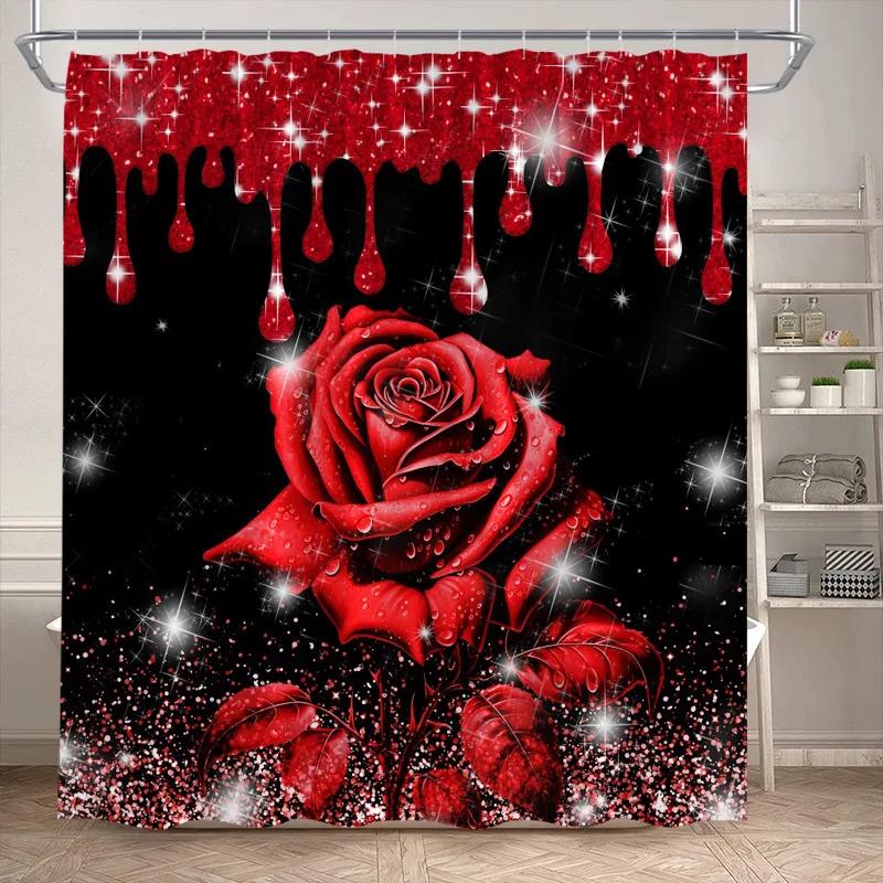 Rosa Ros Blommiga Duschdraperier Naturlig Grön Växt Blommor Alla Hjärtans Dag Badrumsdraperi Modernt Tyg Badrumsinredning med Krokar