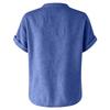 Women's Casual Linen Blend V-Neck Blouse, Short Sleeve Rolled Cuff Loose Fit Tunic Top, Summer Stand Collar Shirt