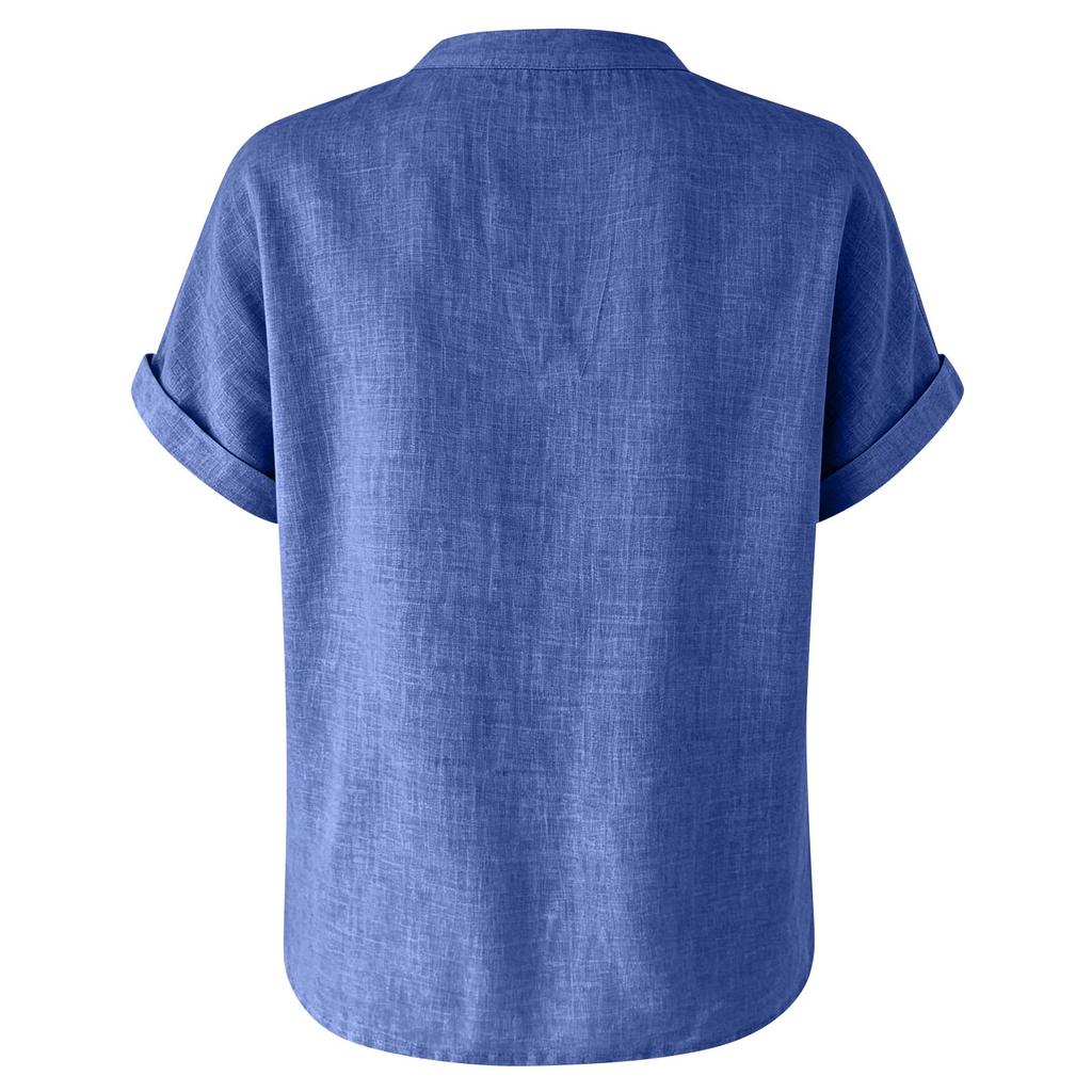 Women's Casual Linen Blend V-Neck Blouse, Short Sleeve Rolled Cuff Loose Fit Tunic Top, Summer Stand Collar Shirt