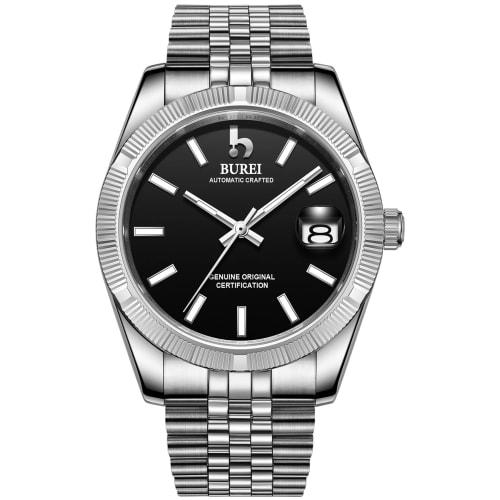 BUREI Men's Automatic Mechanical Watch, Waterproof, Analog, Popular for Business, Date Display, Black, Stylish, Simple, Luminous Watch