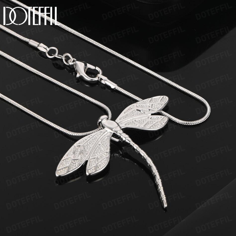 925 Sterling Silver Dragonfly Pendant Necklace Wedding Jewelry 45CM