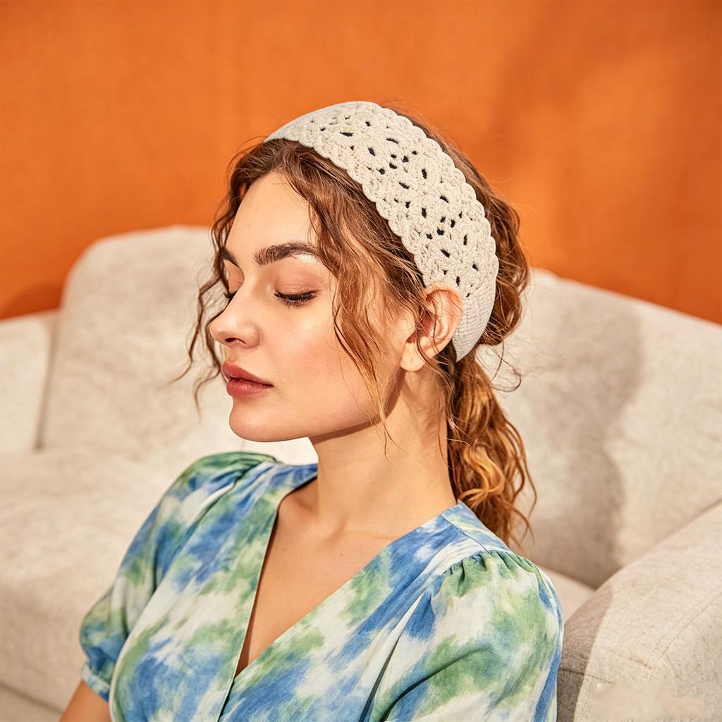 Fascia all'uncinetto da donna con motivo floreale, fascia per capelli lavorata a maglia con chiusura regolabile, stile vintage, accessorio per capelli bohémien per l'uso quotidiano e le attività all'aperto