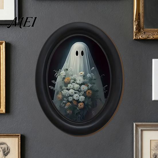 Niche Autumn Home Accents Halloween Wooden Door Hanging Sign, Oval Gothic Black Cat Ghost Wall Plaque, Retro Boho Style Festive Decor Waterproof
