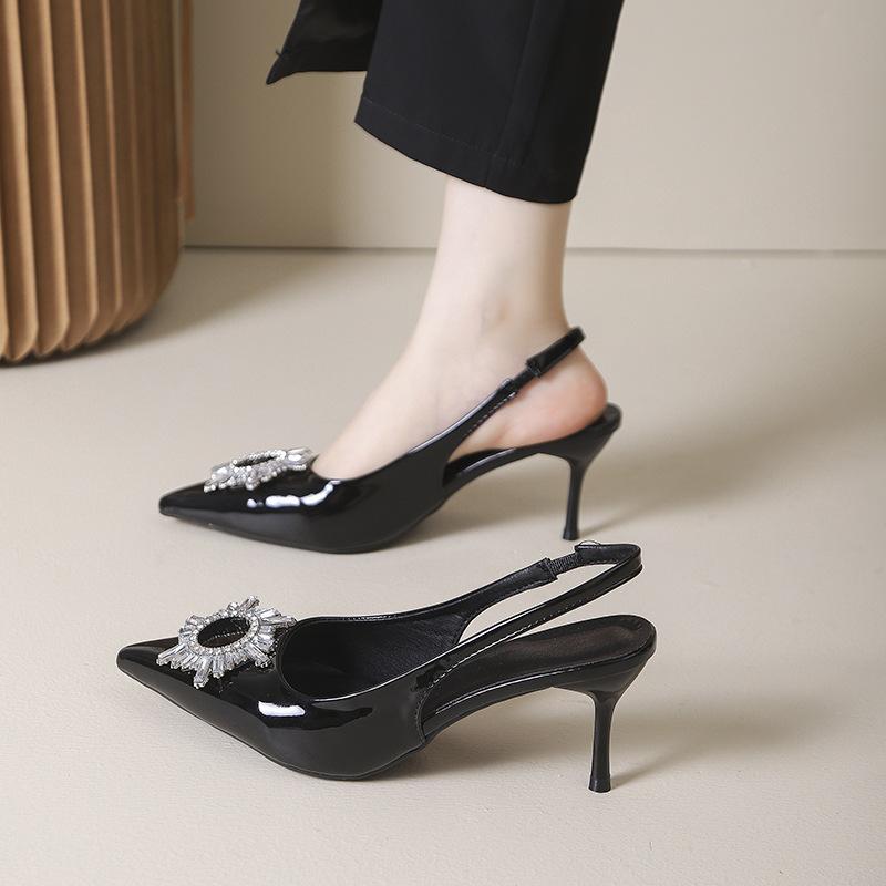 2025 spring new pointed thin heel patent leather bag head sandals temperament shallow mouth single shoes rhinestone pointed women's high heels