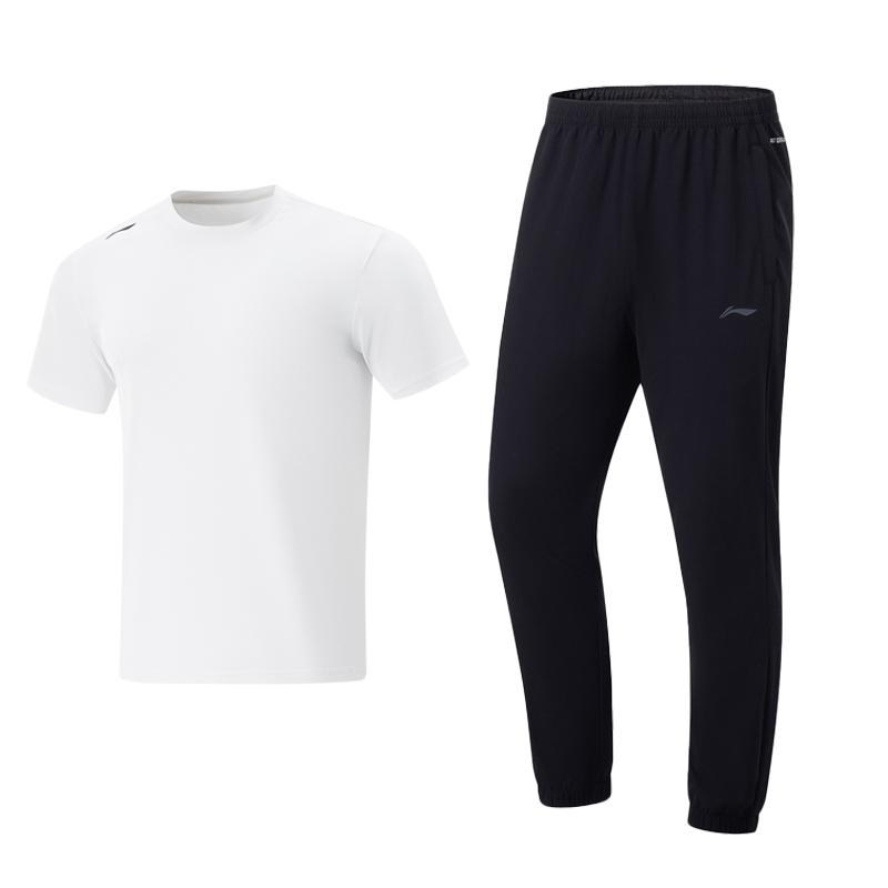 

Li-Ning Lightweight Moisture-Wicking Short Sleeve T-Shirt Breathable Quick-Dry Solid Color Long Pants Casual Sports Set ATSV597-1+AYKU835-1 S