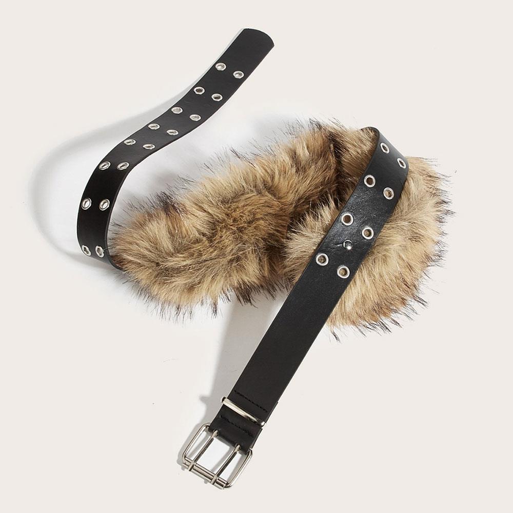 Punk Faux Fur Belts Y2K Vintage PU Studded Furry Patchwork Belt Cowgirl Metal Plush Waist Chain Fashion Waistband Jeans Belts
