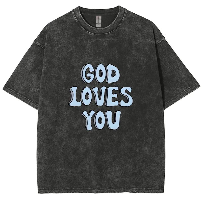 God loves You Letter Print Cotton Women Washed T-Shirt Oversized Loose Crew Neck Half Sleeve American Retro Casual Everyday Top S разноцветный