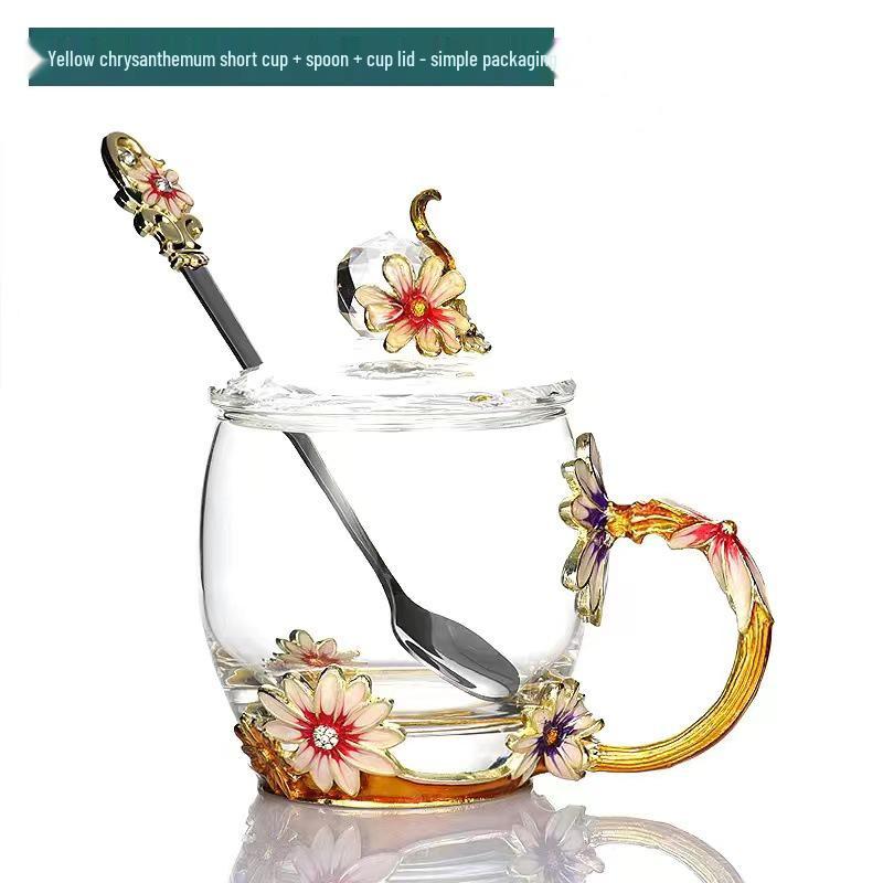 Chrysanthemum Enamel Glass Tea Cup - Lead-Free Crystal Coffee Cup Gift