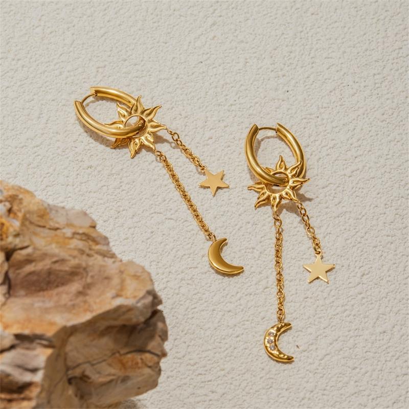 Celestials Dangle Earrings Featuring Crescent Star Charm Crystals Accent and Movable Tassels Detailing