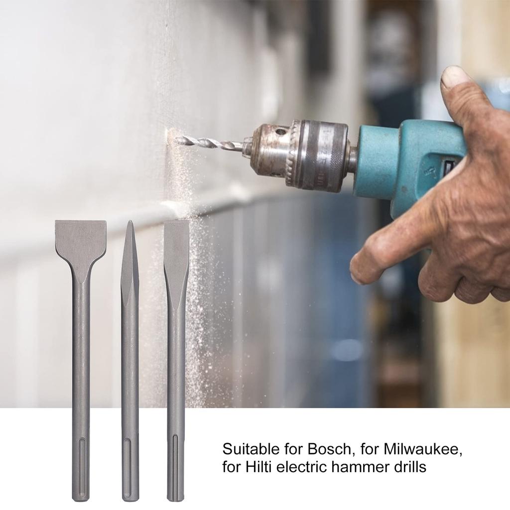 Hammer Drill Chisel Carbon Steel Scaling Flat Chisel Point Rotary Hammer Drill Bit for Tile and Concrete Work Durable and 3-Piece Set, Chisel, Chisel,