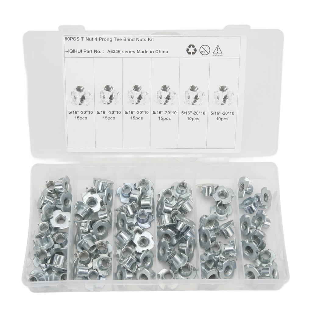 80 szt. Nakrętek T ze stali węglowej, ocynkowanej, odpornej na korozję, odpornej na rdzę, trwałej nakrętki z czterema pazurami