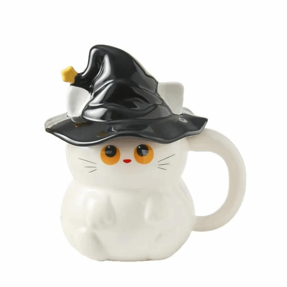 With Lid Ceramic Ghost Cat Mug 450ml Magic Kitty Coffee Cup Magic Hat Milk Cup Afternoon Tea