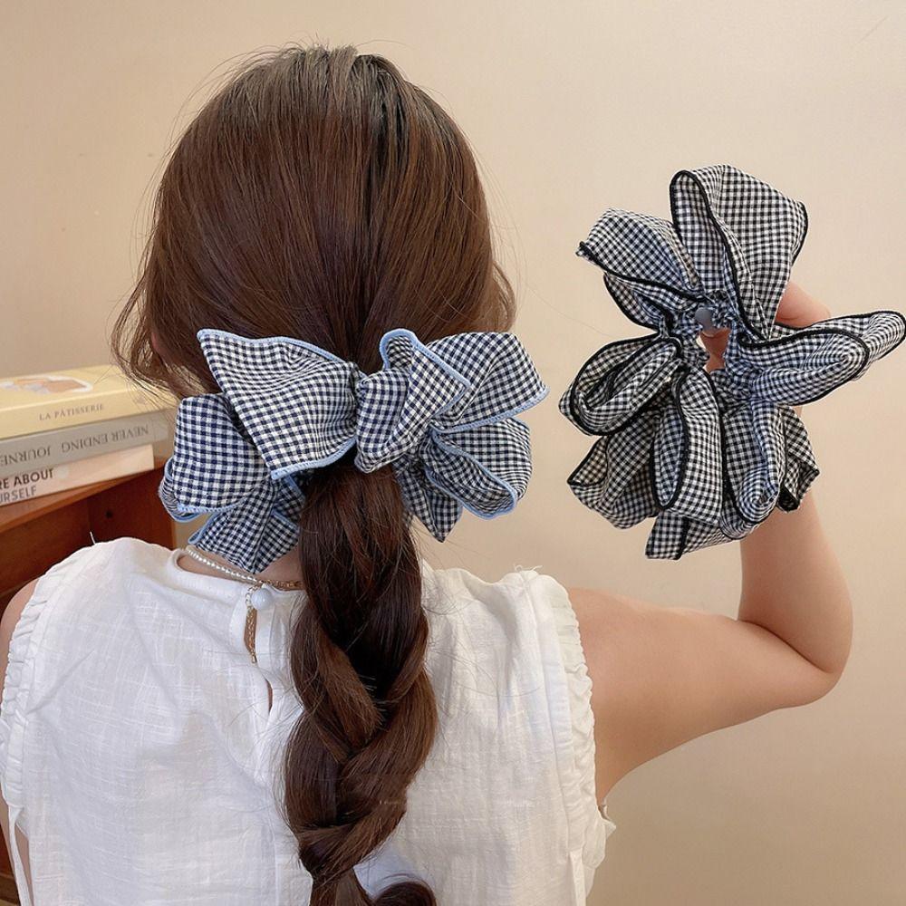 Słodkie Kwiatowe Gumki do Włosów Tkanina Kratka Spinka do Włosów Modny Niebieski Kratka Pierścień do Włosów Kobiety