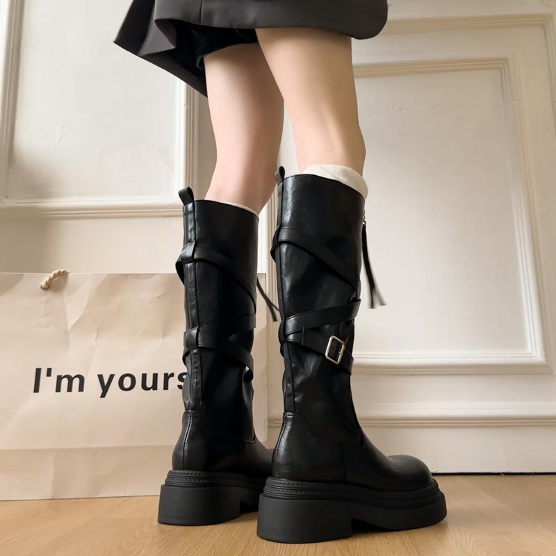 Belt Buckle But Knee Boots Women's 2025 Autumn and Winter British Style Thin Maillard Thick-soled High Knight Boots