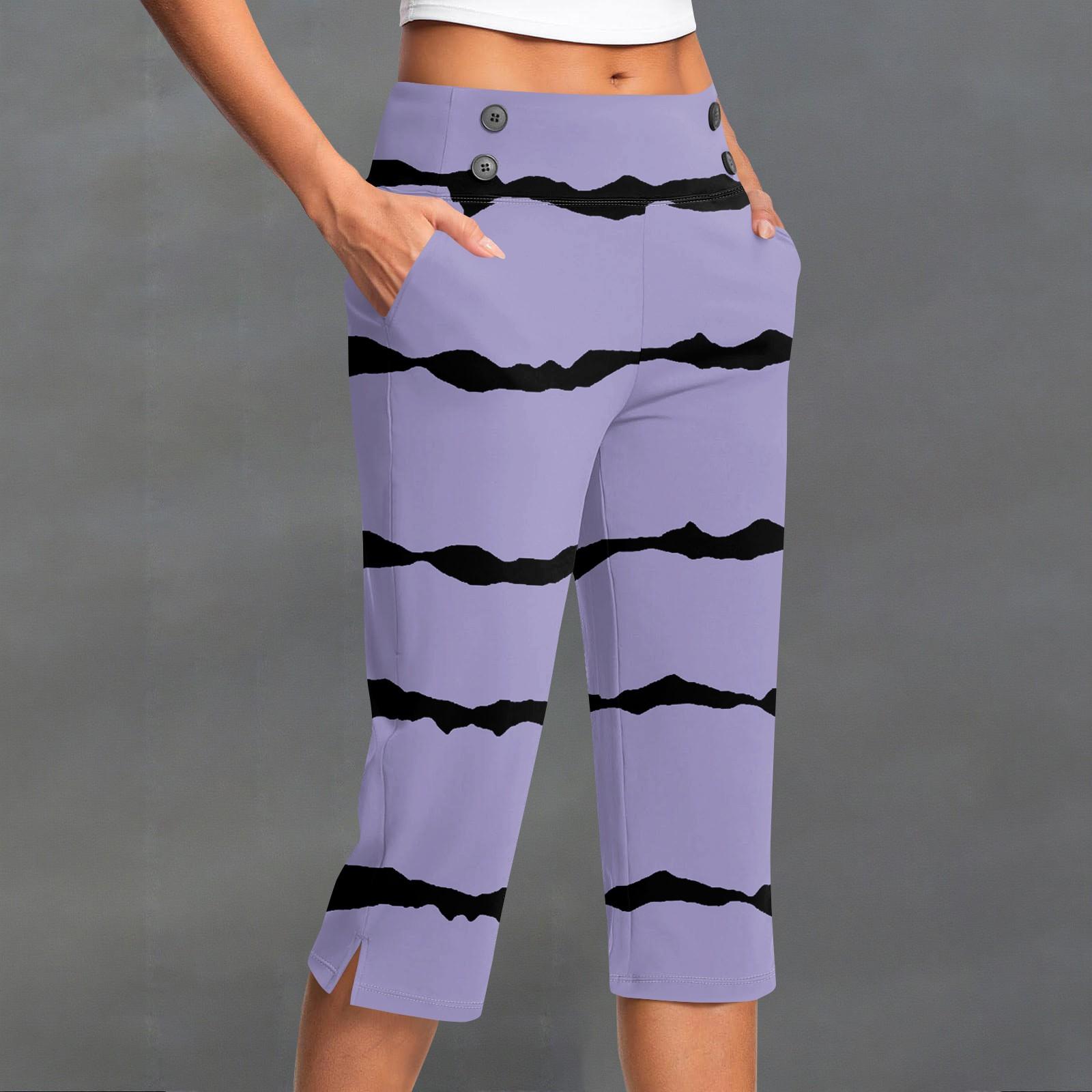 

Женские модные полосатые брюки с пуговицами и карманами, с разрезом, с высокой посадкой, спортивные, для йоги, повседневные, укороченные XL фиолетовый