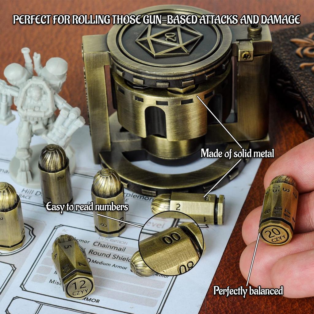CZYY Set di 7 dadi proiettile poliedrici in metallo con contenitore cilindrico rotante per revolver Dadi in stile cyberpunk per giochi da tavolo a tema Warhammer e crimine