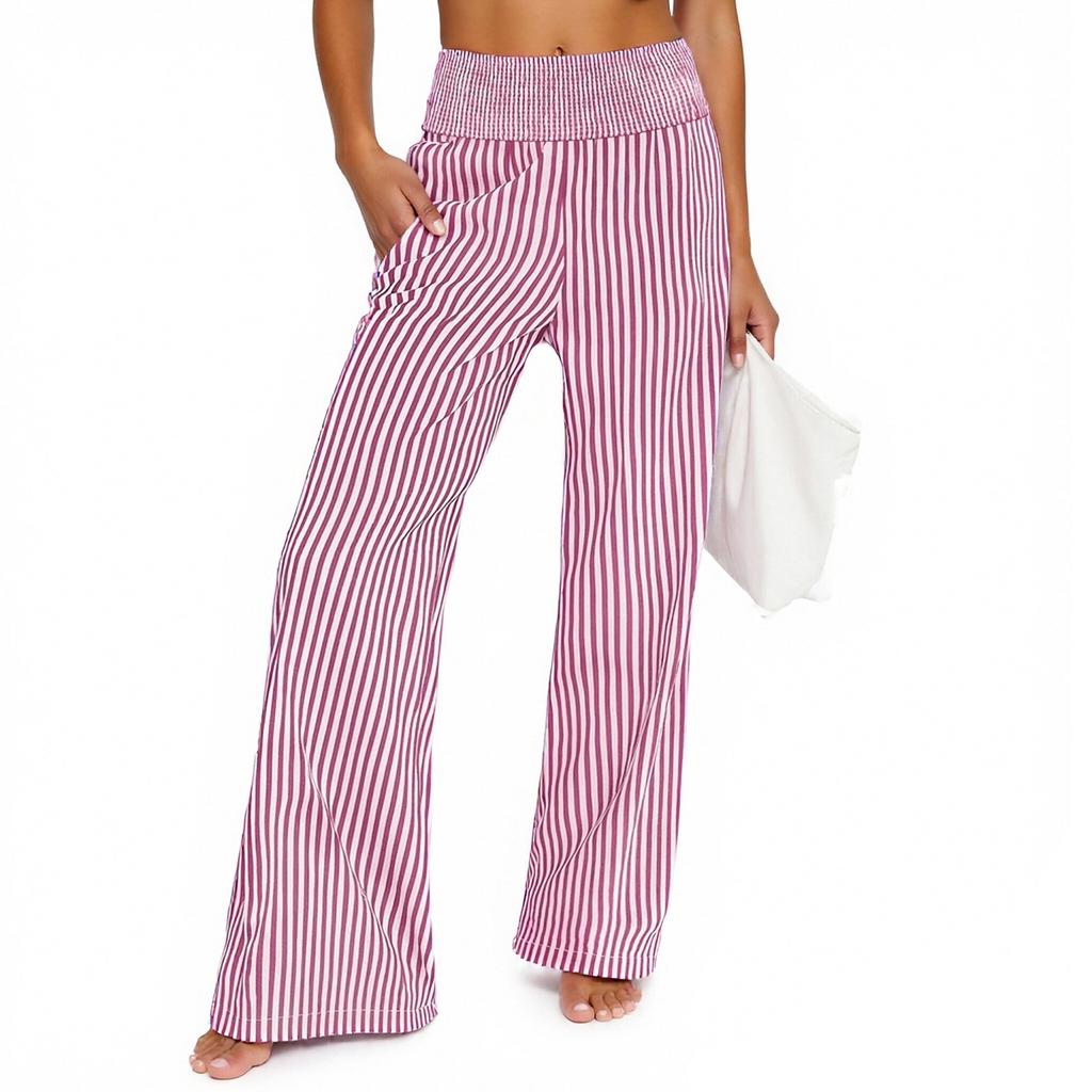 Women's Fashion Loose Pleated Elastic Waistband Pocket Striped Casual Pants