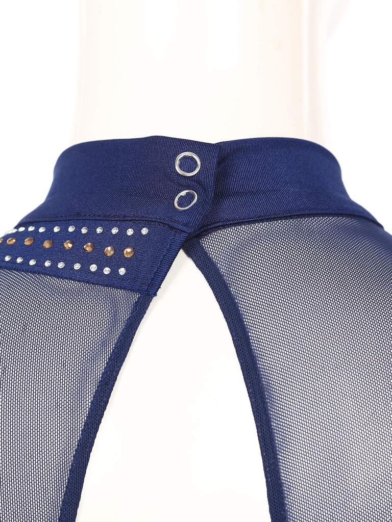 Damen Glänzende Strasssteine Gymnastik-Body Stehkragen Ärmelloses Design Schlüssellochrücken Durchsichtiges Mesh-Patchwork-Outfit