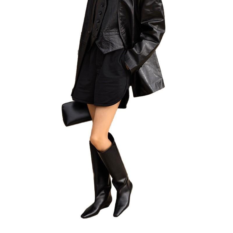 Cowhide Version Autumn and Winter Square Head Leather Wedge Heel Knight Boots Women's Straight Boots High Boots But Knee Wide Tube Thin Boots